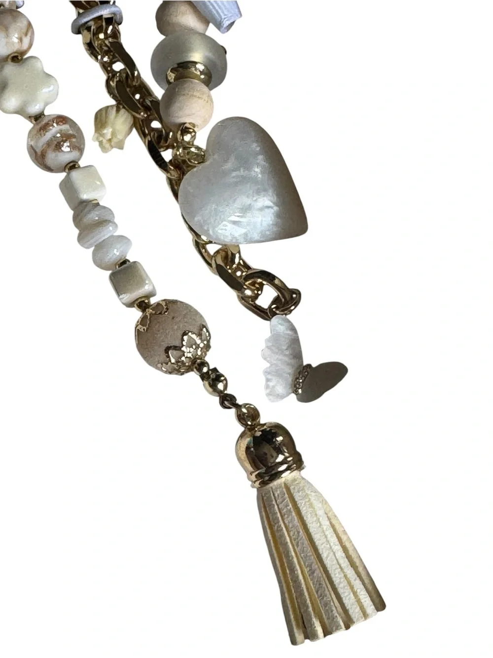 eye candy Beige & Gold Beaded Heart Tassel Key Charm